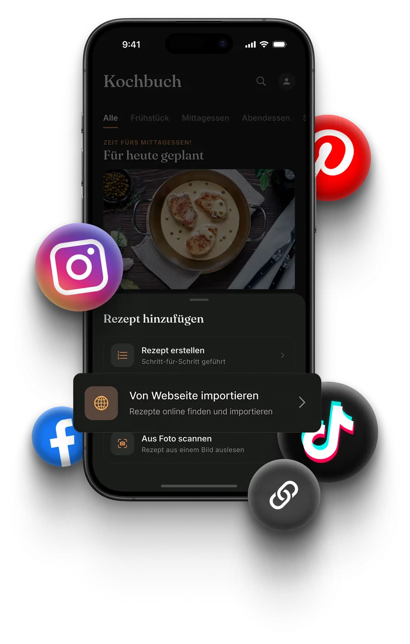 Ein Rezept aus einem TikTok-Video wird über das Teilen-Menü in Meally importiert.