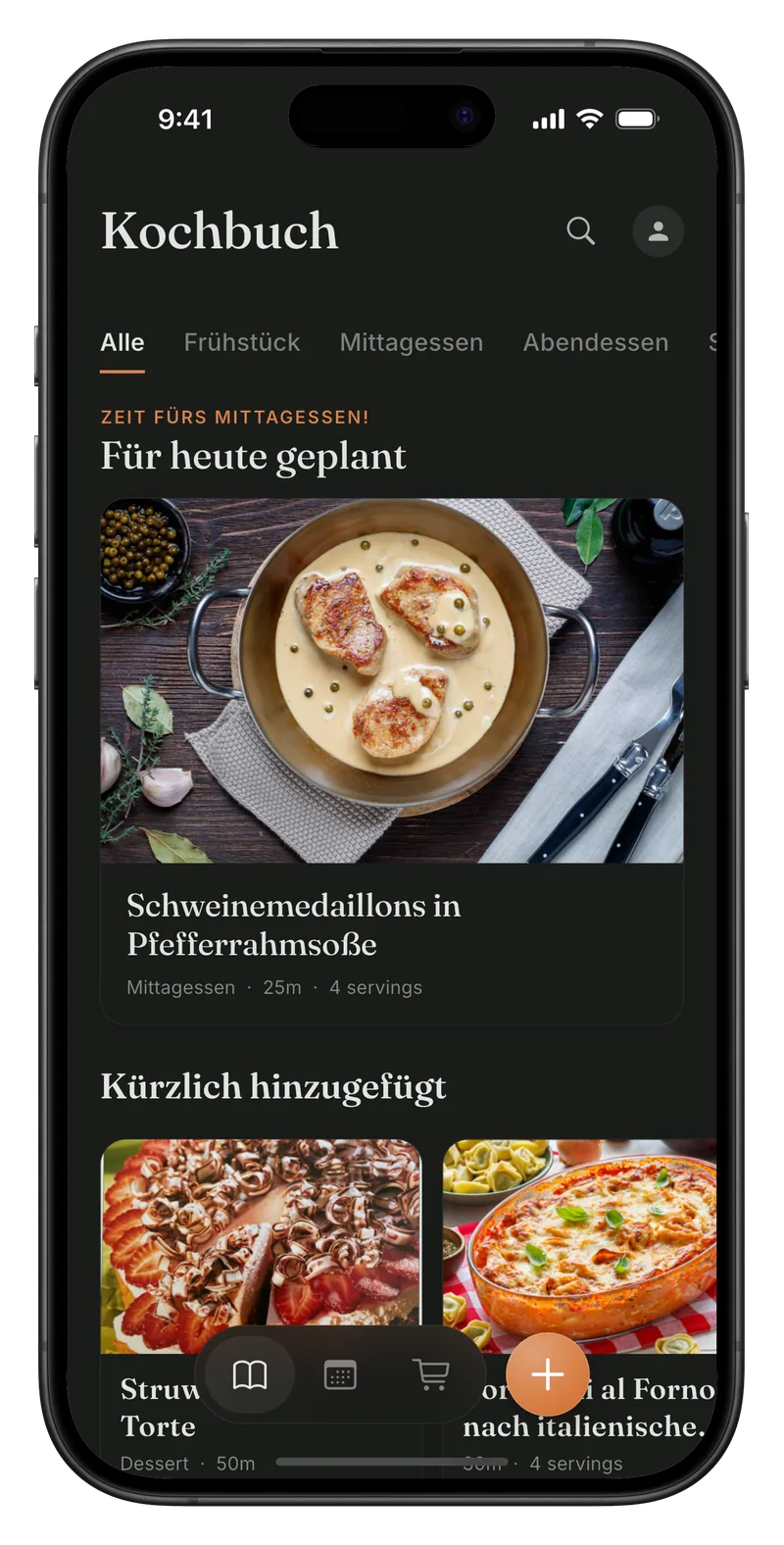 Kochbuch in Meally, organisiert in Ordnern und Kategorien.