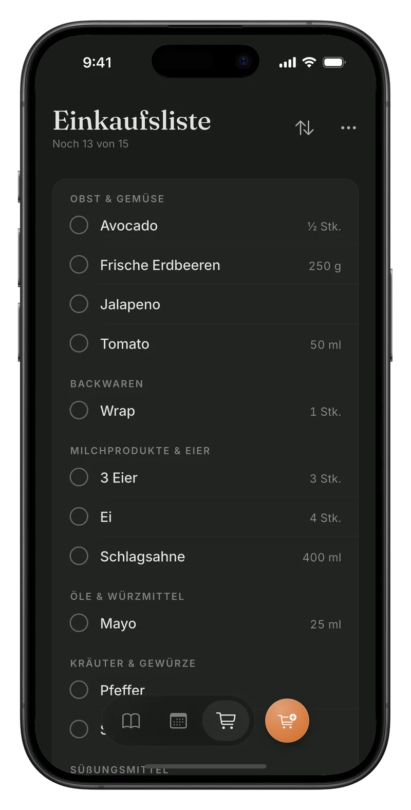 Einkaufsliste in Meally, nach Kategorien sortiert.