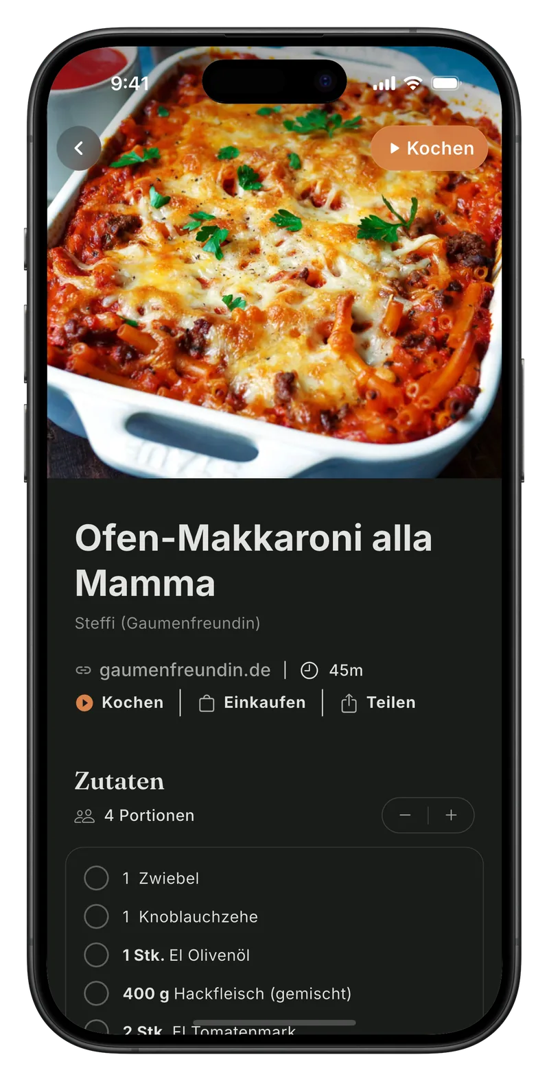 Ein gespeichertes Rezept in Meally mit Foto, Zutaten und Schritten.