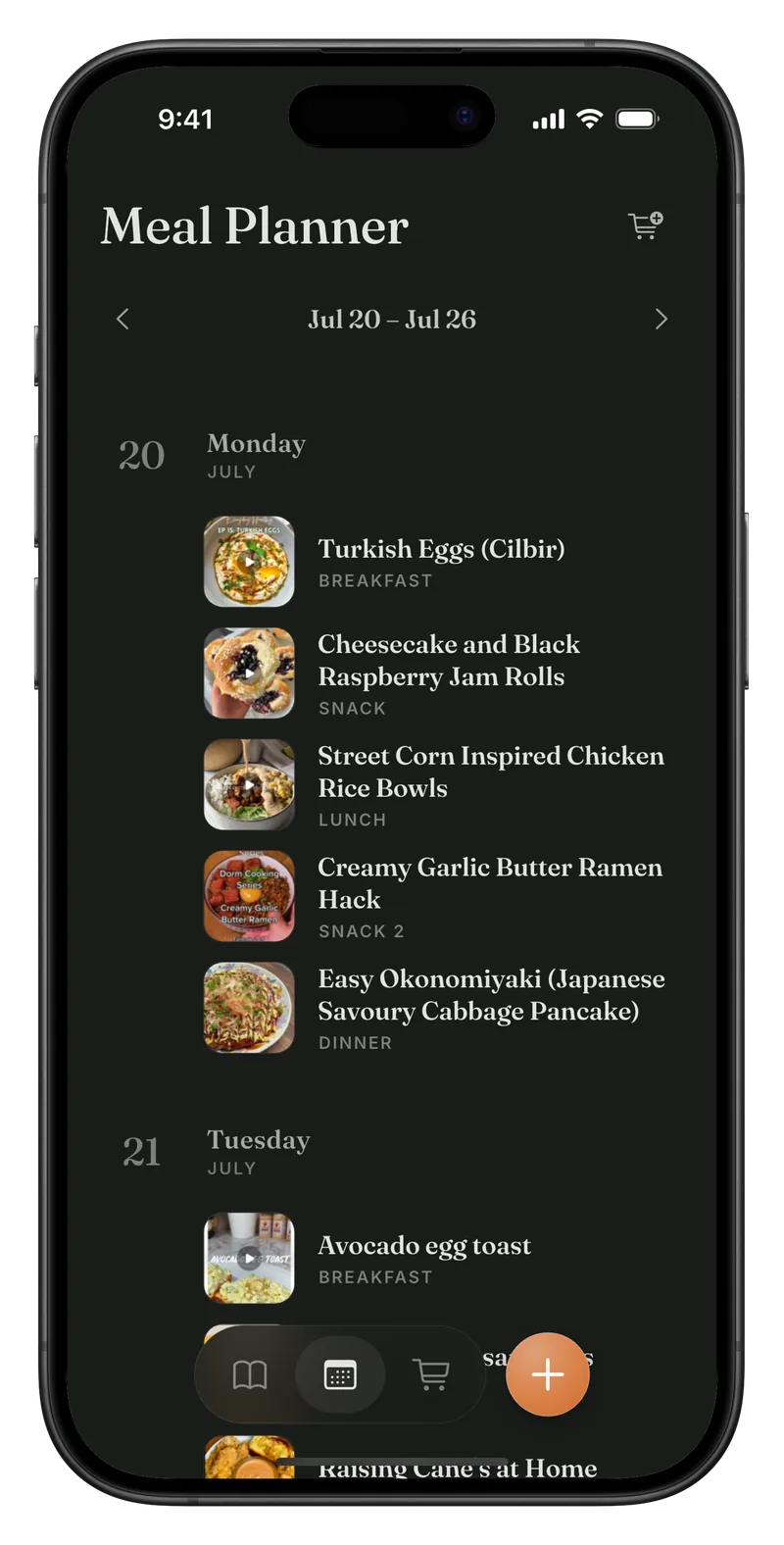Weekly meal planner in Meally with breakfast, lunch, dinner and snack slots for each day.