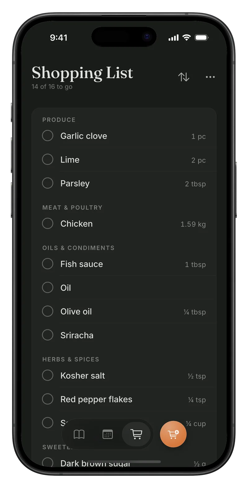 Grocery list in Meally, grouped by aisle.