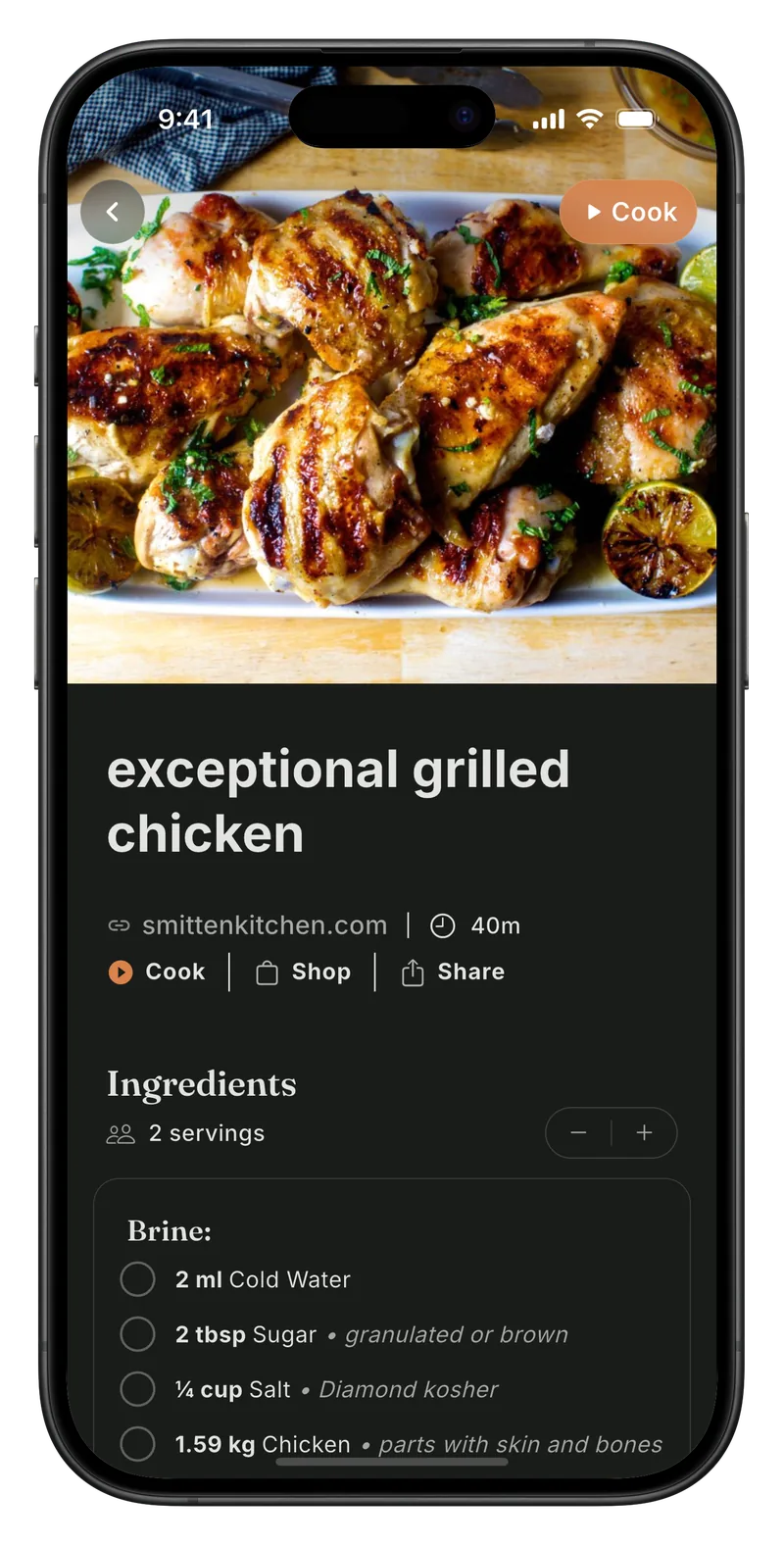 A saved recipe in Meally with photo, ingredients and steps.