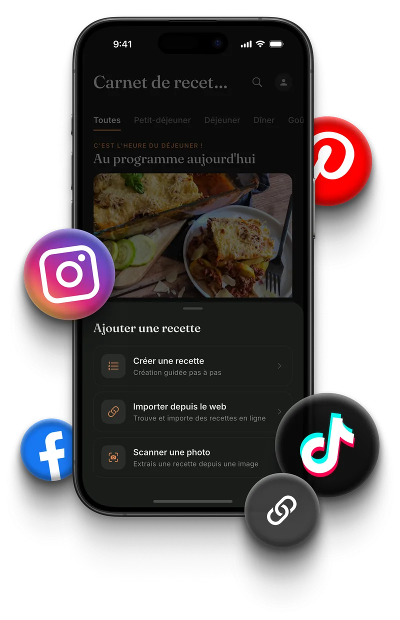 Une recette issue d'une vidéo TikTok importée dans Meally via le menu Partager.