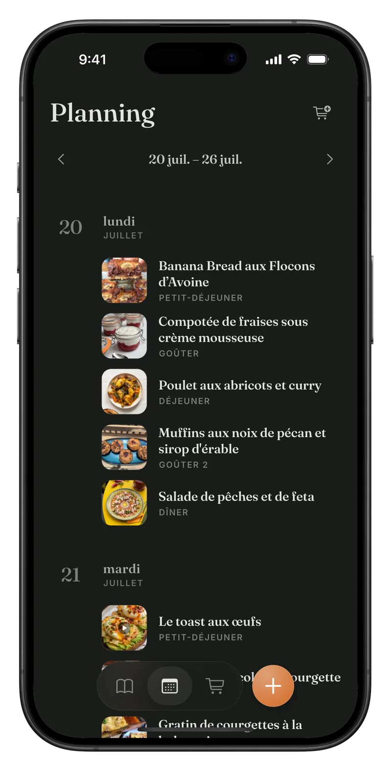 Planificateur de repas dans Meally avec des créneaux pour le petit-déjeuner, le déjeuner, le dîner et les en-cas chaque jour.