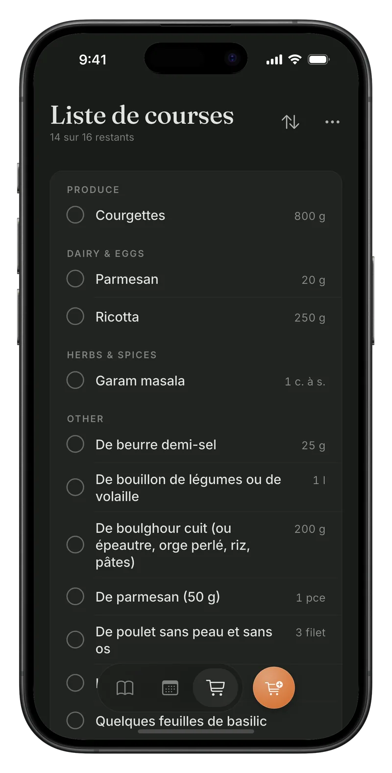Liste de courses intelligente dans Meally, créée automatiquement à partir du planning de la semaine et classée par rayon.