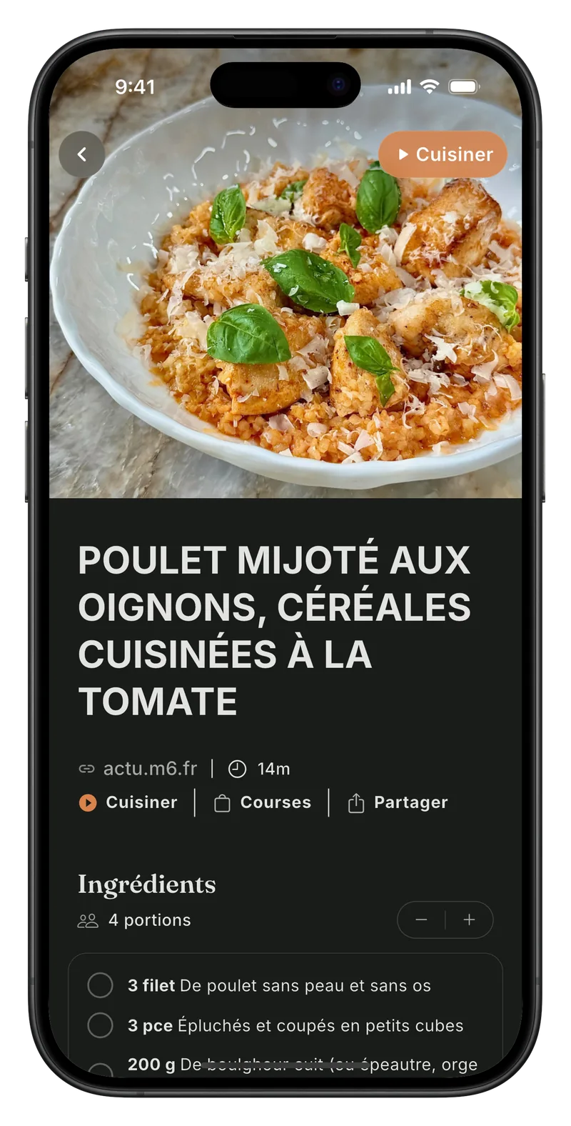 Mode cuisson sans distraction dans Meally, avec instructions étape par étape et ingrédients à cocher.