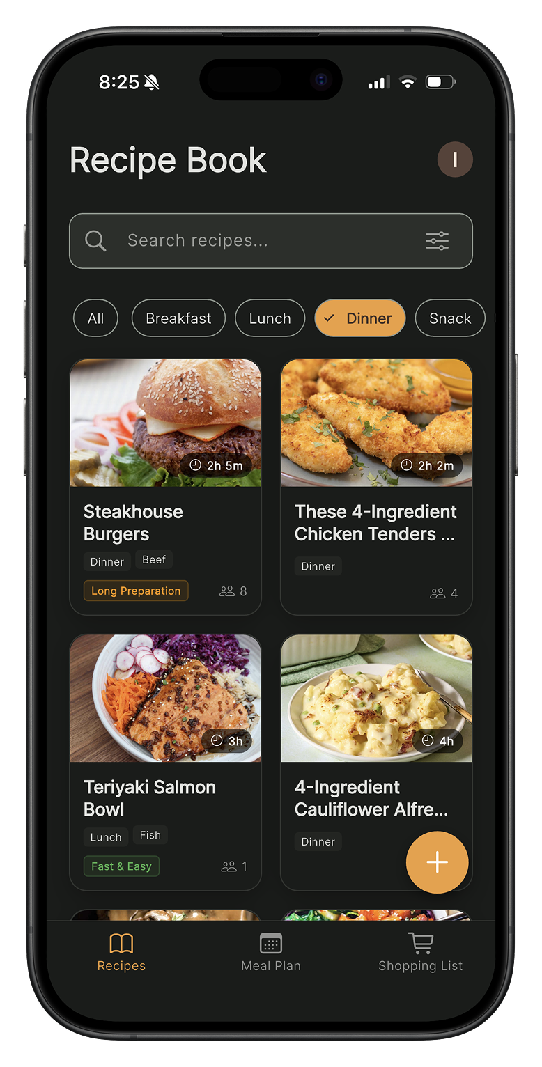 Meally App Interface - Recipe Book