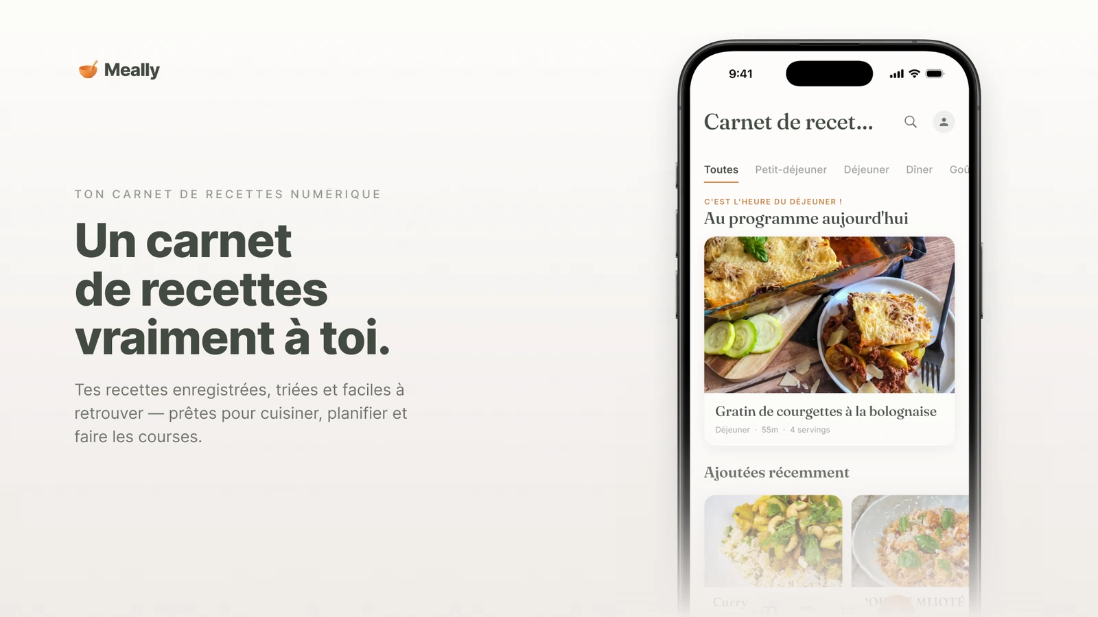 Le carnet de recettes numérique de Meally, avec toutes les recettes enregistrées.