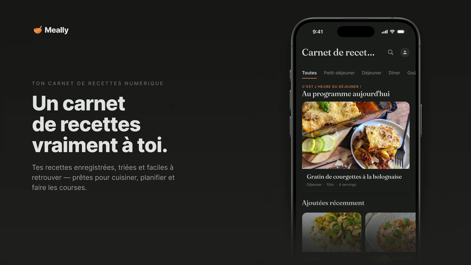Le carnet de recettes numérique de Meally, avec toutes les recettes enregistrées.