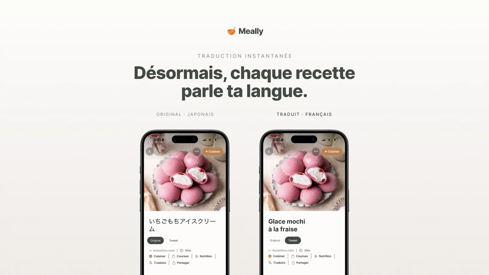 Traduction dans Meally : une recette japonaise, automatiquement en français.
