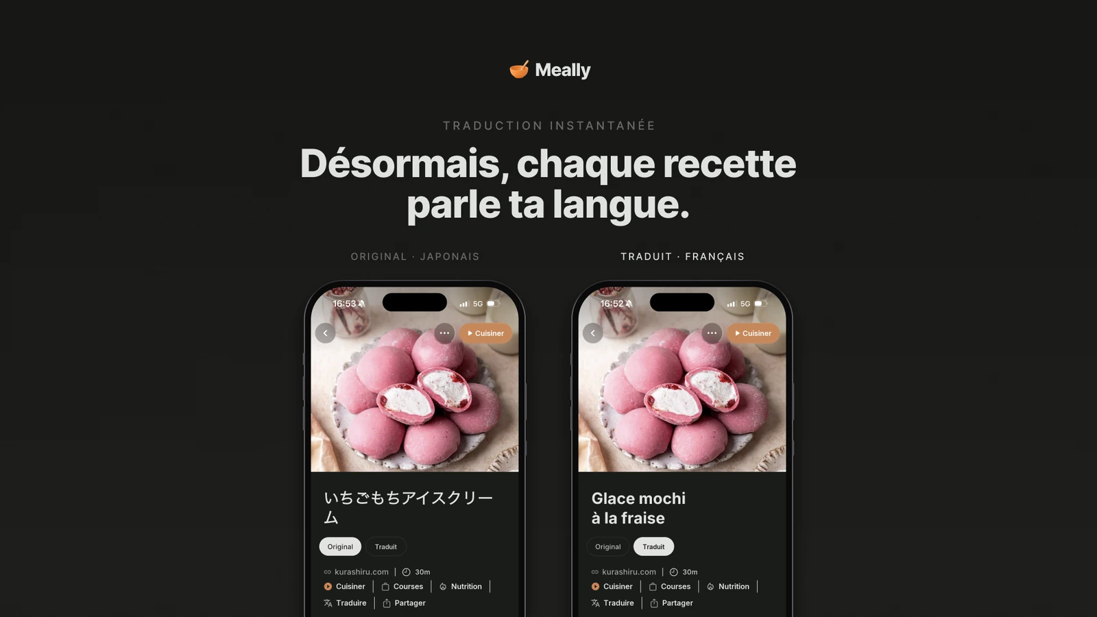 Traduction dans Meally : une recette japonaise, automatiquement en français.