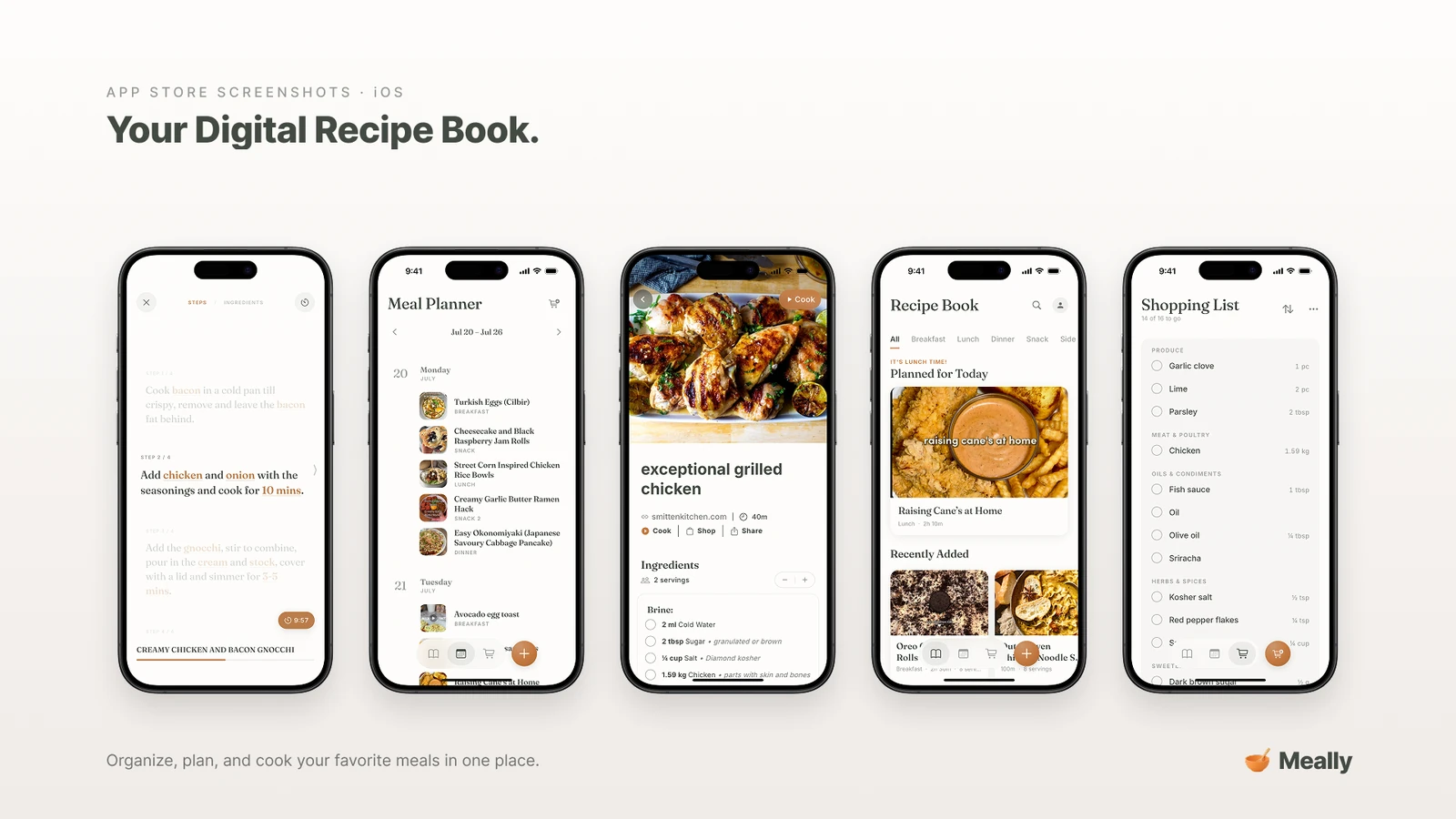 Five Meally screens: cooking mode, weekly plan, recipe, recipe book and shopping list.