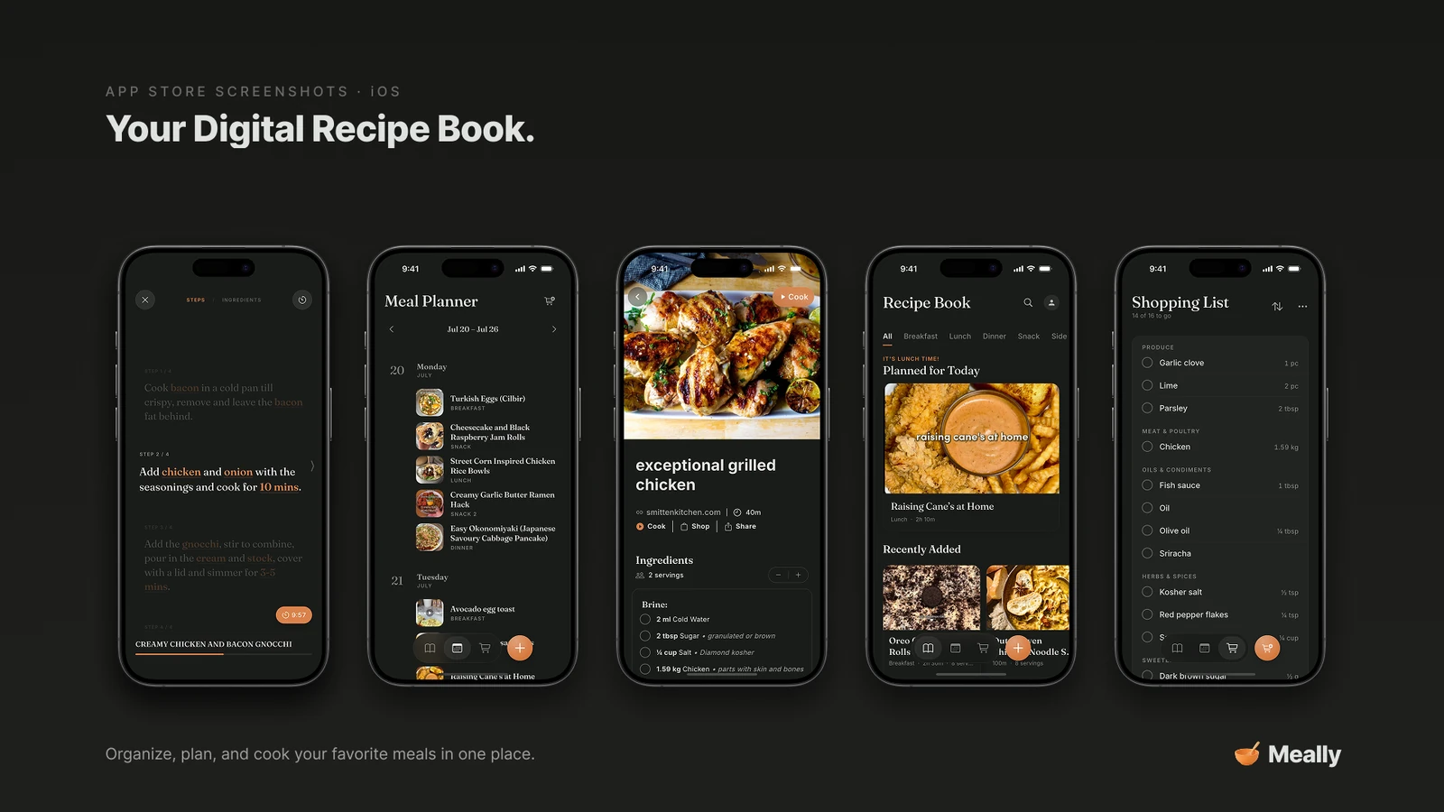 Five Meally screens: cooking mode, weekly plan, recipe, recipe book and shopping list.