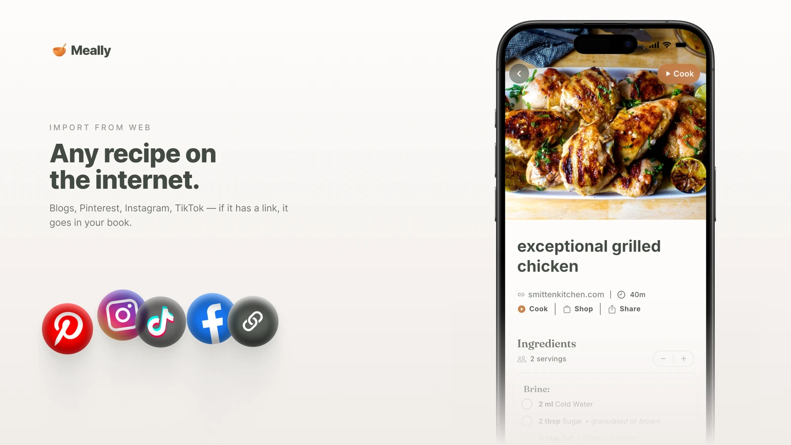 Importing into Meally: a shared link turns into a structured recipe with ingredients and steps.