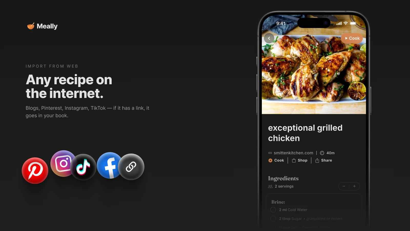 Importing into Meally: a shared link turns into a structured recipe with ingredients and steps.