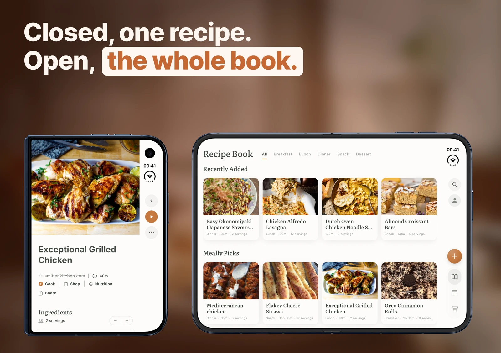 A closed and an open iPhone Duo side by side: one recipe on the outer display, the whole recipe book on the inner display.