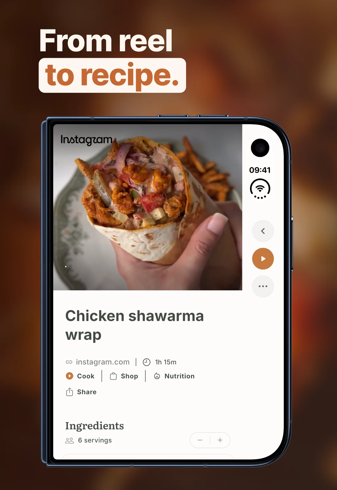 A recipe saved from a reel on the closed iPhone Duo, with the video at the top.