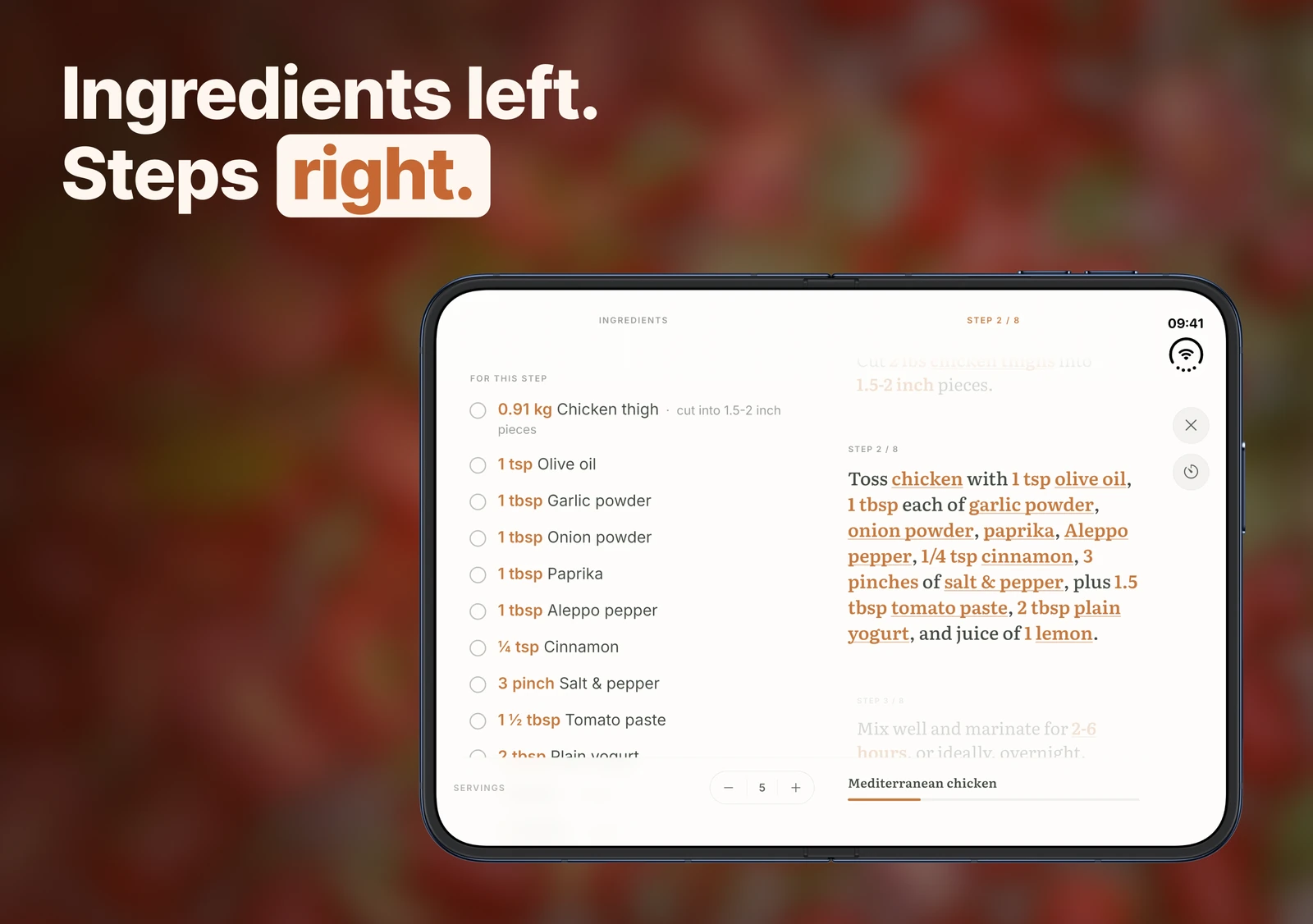 Cooking mode on the open iPhone Duo: the ingredients on the left page, the steps on the right.