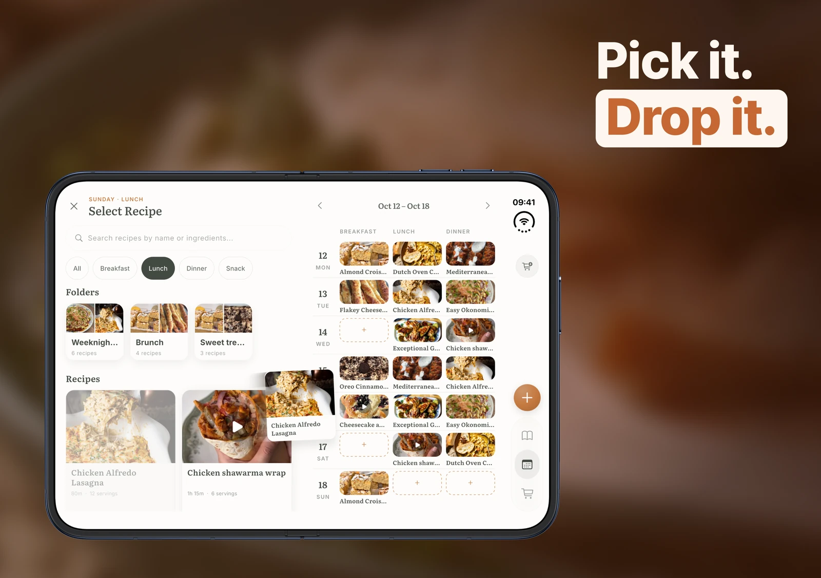 On the open iPhone Duo, the cookbook sits beside the week while a recipe card is dragged across the fold.