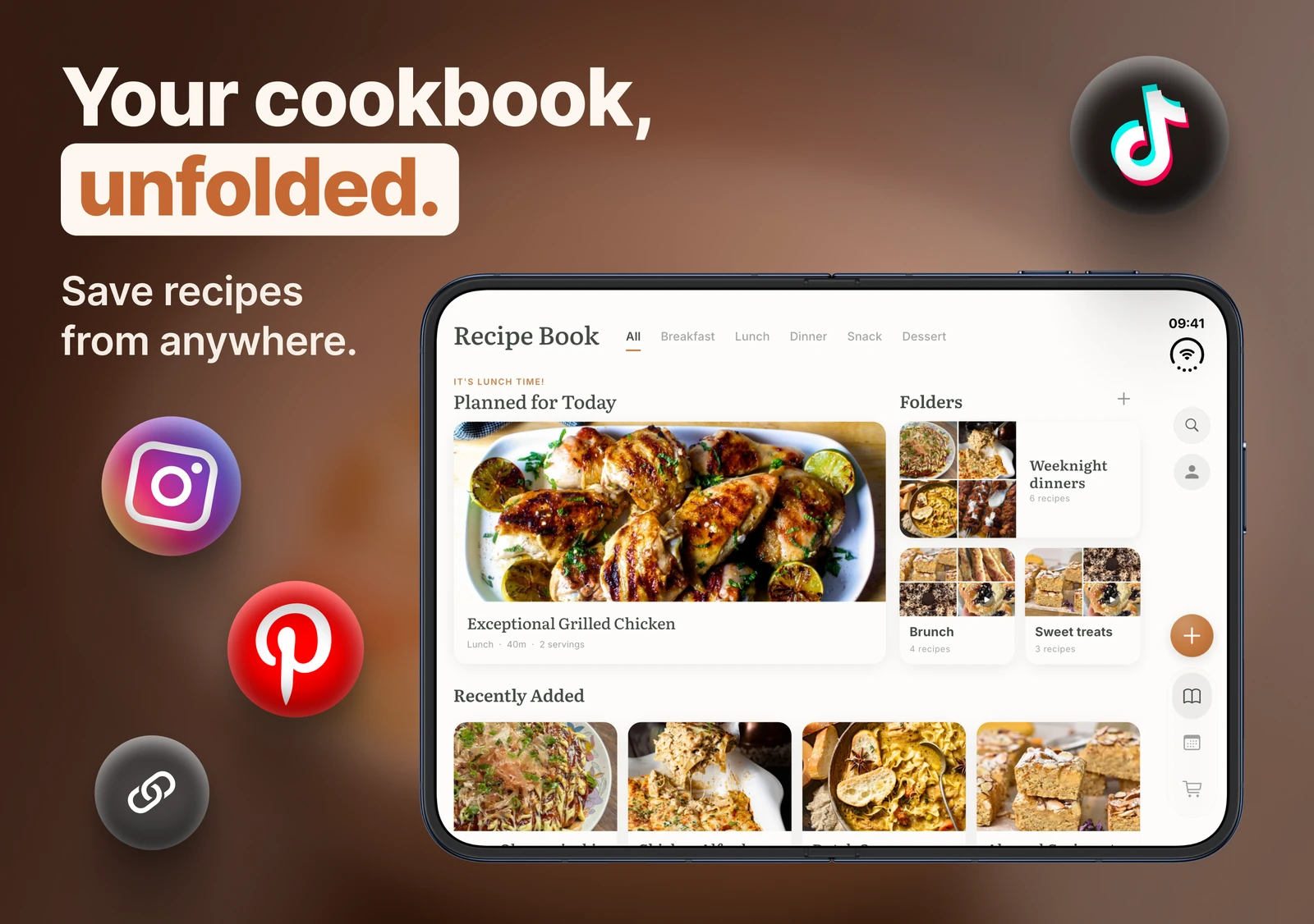 Meally's recipe book on the open iPhone Duo, with today's planned recipe and the folders.