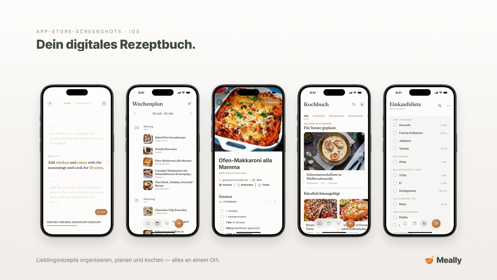 Fünf Bildschirme von Meally: Kochmodus, Wochenplan, Rezept, Kochbuch und Einkaufsliste.