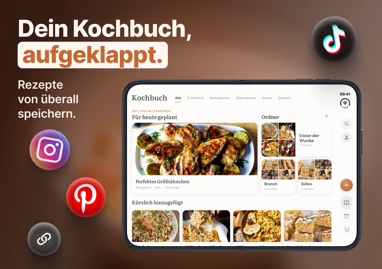 Das Kochbuch von Meally auf dem aufgeklappten iPhone Duo, mit dem für heute geplanten Rezept und den Ordnern.