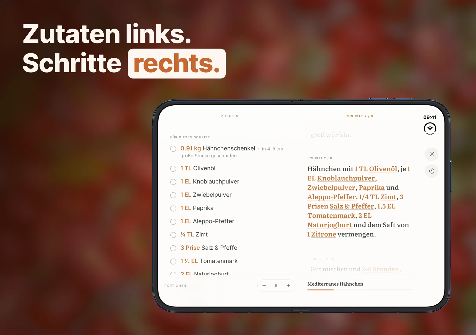 Der Kochmodus auf dem aufgeklappten iPhone Duo: links die Zutaten, rechts die Schritte.