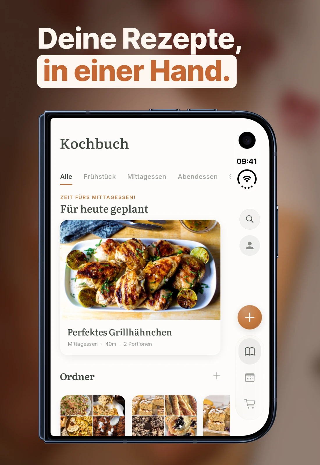 Das Kochbuch von Meally auf dem zugeklappten iPhone Duo, mit den Tabs in der Seitenleiste.