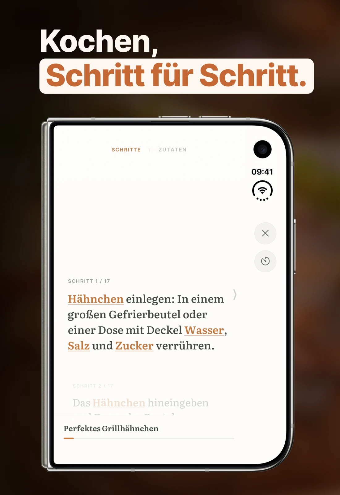 Der Kochmodus auf dem zugeklappten iPhone Duo.