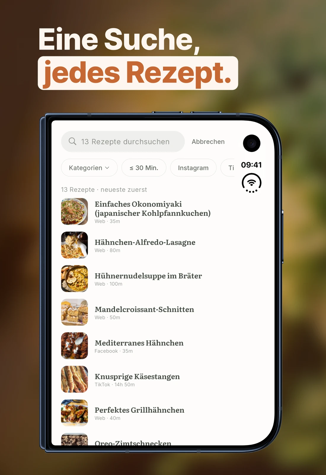 Die Suche über alle gespeicherten Rezepte auf dem zugeklappten iPhone Duo.
