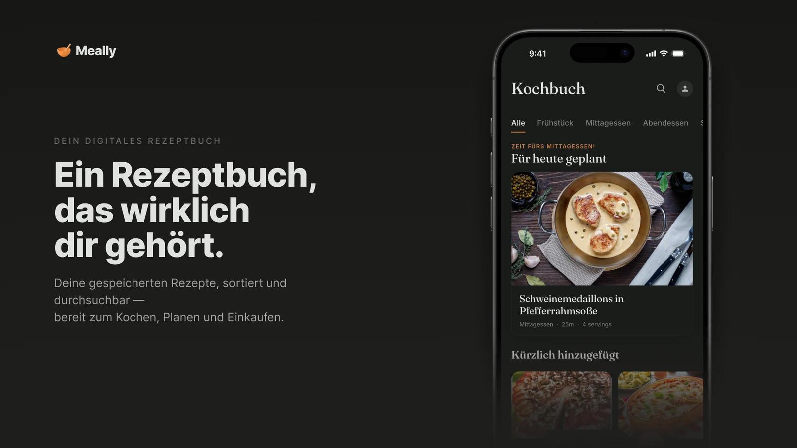 Das digitale Kochbuch in Meally mit allen gespeicherten Rezepten.