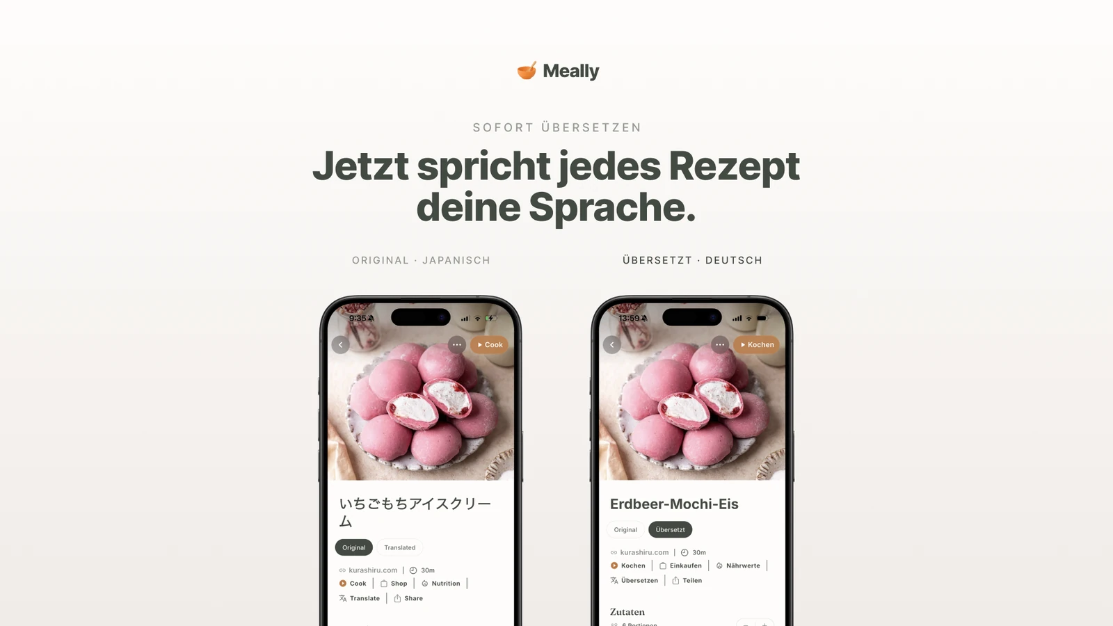 Rezept-Übersetzung in Meally: ein internationales Rezept automatisch auf Deutsch.